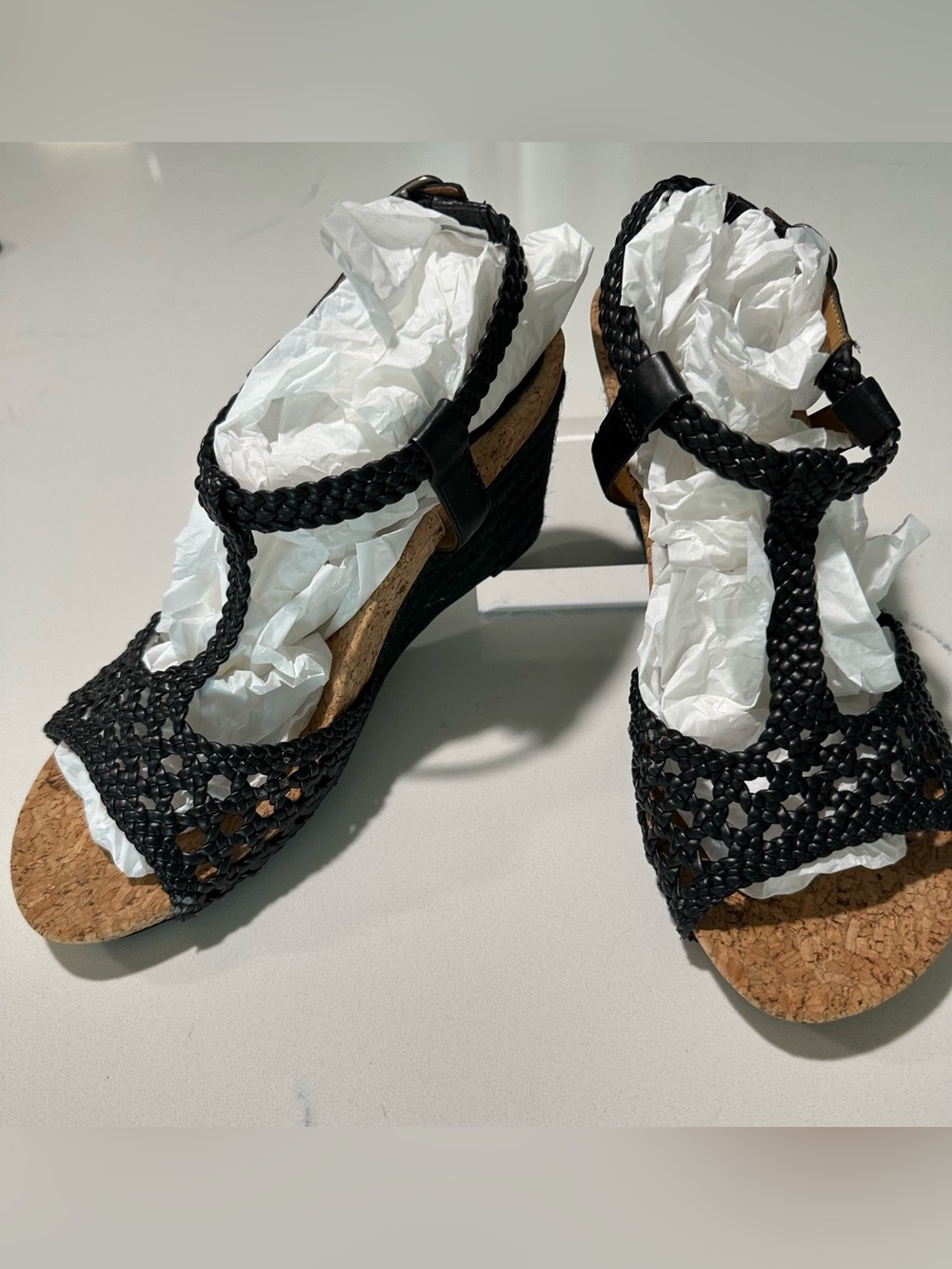 Michelle D Black Braided Cork Wedge Sandals 7.5 M